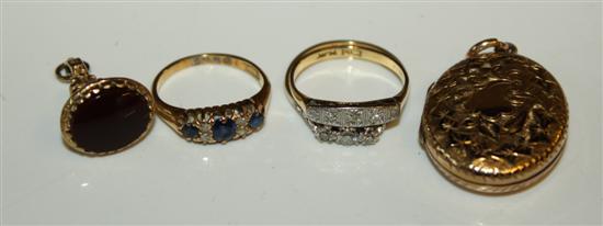 Seal, 2 diamond rings, sapphire ring, locket, etc